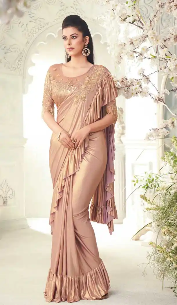 Beige Color Glitter Imported Silk Party Wear Fancy Saree Blouse -1504130668
