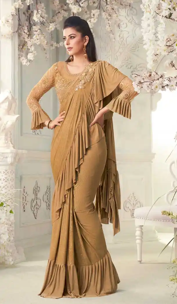 Brown Color Glitter Imported Silk Party Wear Fancy Saree Blouse -1504130670