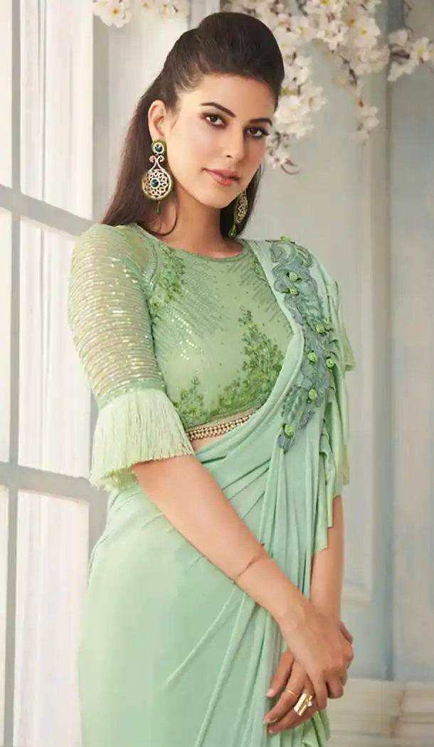 Pista Green Color Glitter Imported Silk Party Wear Fancy Saree Blouse -1504130673