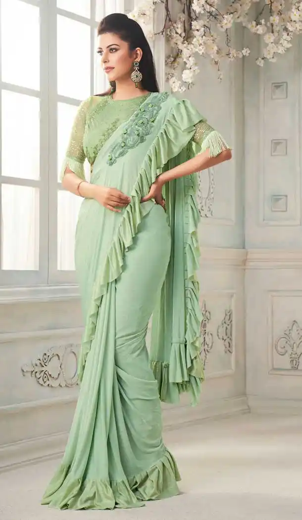 Pista Green Color Glitter Imported Silk Party Wear Fancy Saree Blouse -1504130673