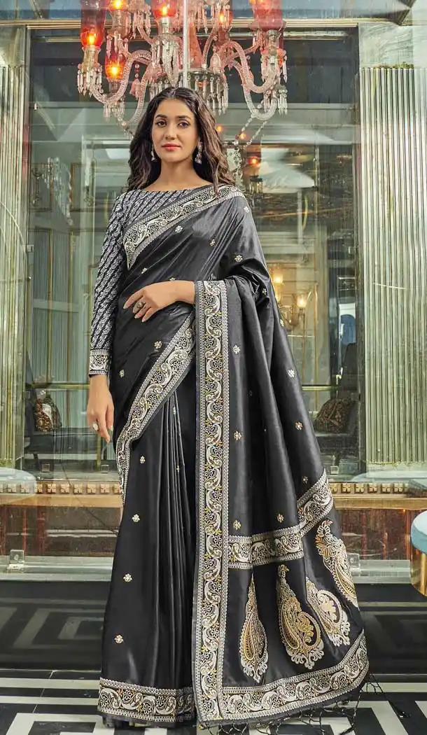 Grey Color Pure Silk Dull Shade Weaving Designer Party Wear Saree -1506130678