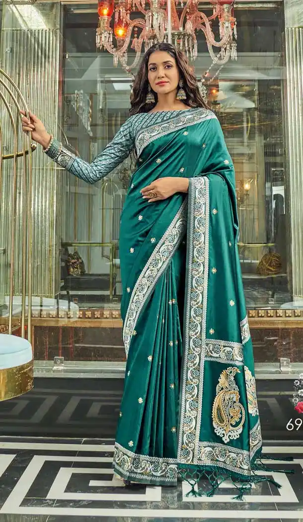 Teal Color Pure Silk Dull Shade Weaving Designer Party Wear Saree -1506130680