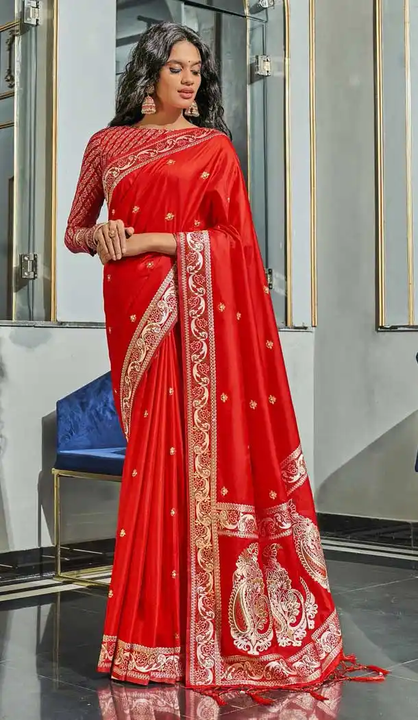Red Color Pure Silk Dull Shade Weaving Designer Party Wear Saree -1506130683