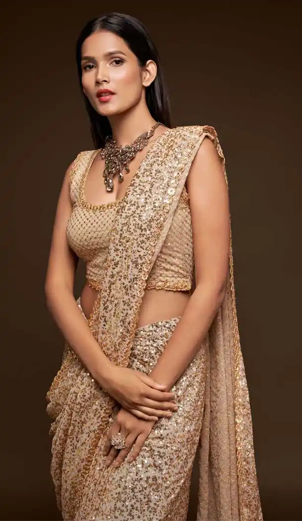 Unique Beige Color Georgette Designer Party Wear Fancy Saree Blouse -1513130727