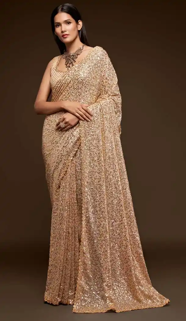 Unique Beige Color Georgette Designer Party Wear Fancy Saree Blouse -1513130727