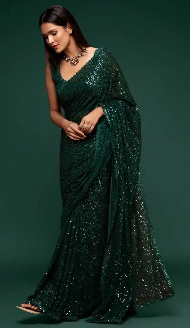Green Color Georgette Designer Party Wear Fancy Saree Blouse -1513130730