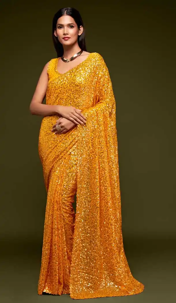 Golden Yellow Color Georgette Designer Party Wear Fancy Saree Blouse -1513130731
