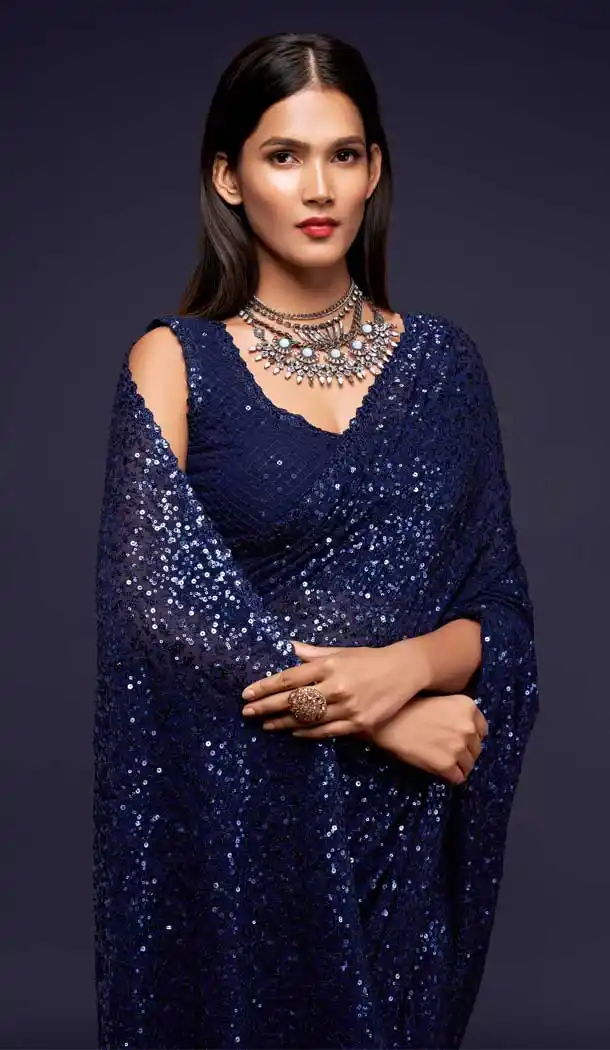 Midnight Blue Color Georgette Designer Party Wear Fancy Saree Blouse -1513130733