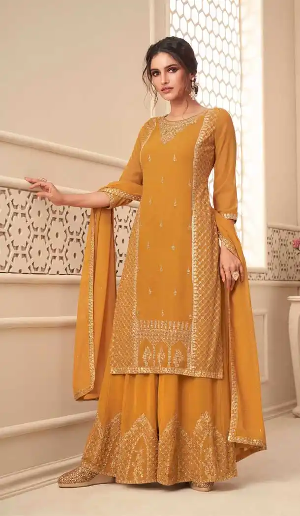 Musterd Color Premium Georgette Pakistani Palazzo Salwar Suit -1517130748