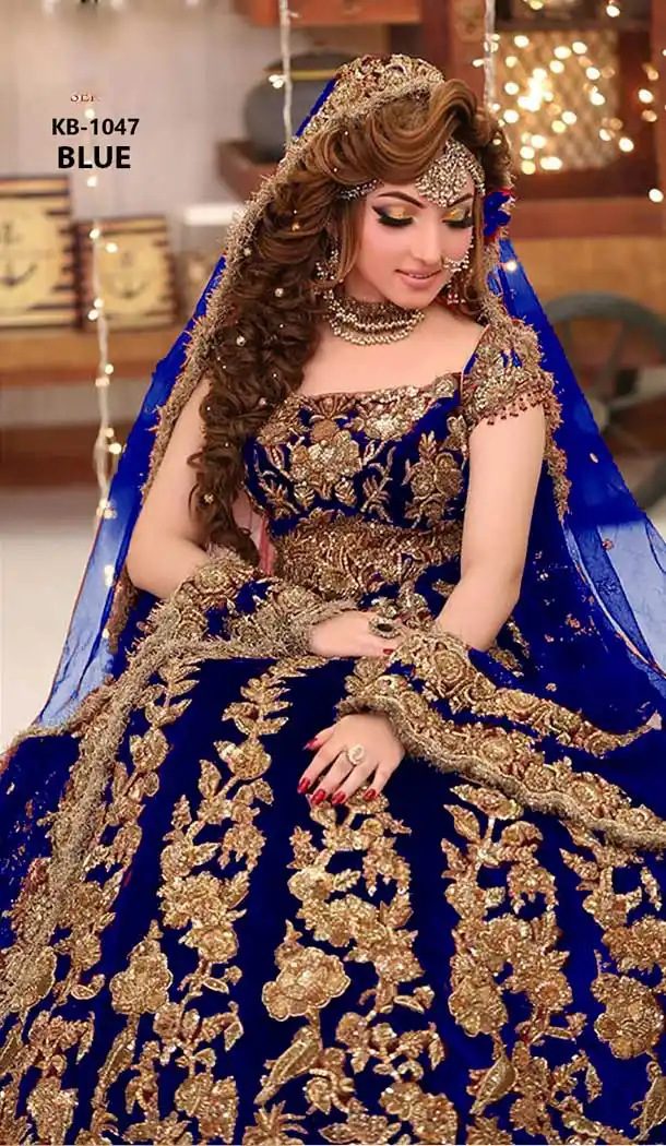 Captivating Blue Color Markable Velvet Designer Pakistani Style Lehenga Choli -1522130777