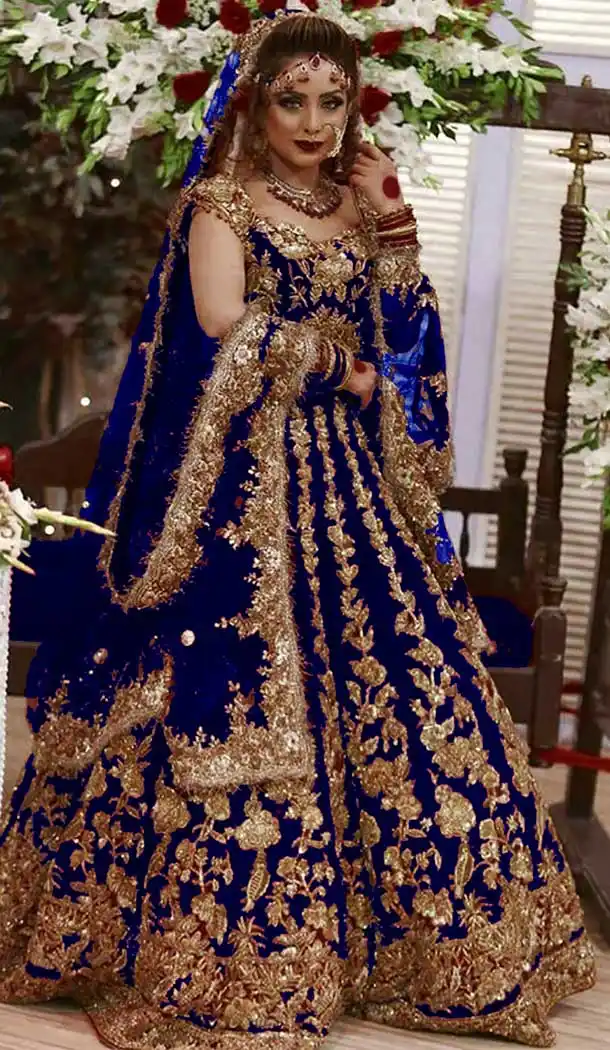 Captivating Blue Color Markable Velvet Designer Pakistani Style Lehenga Choli -1522130777