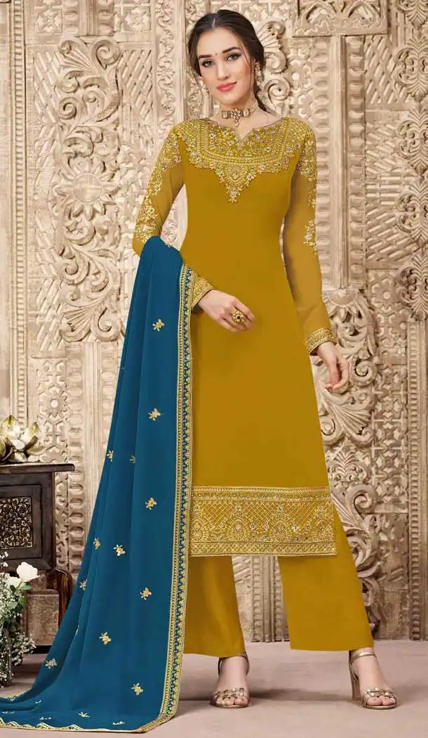 Musterd Color Swiss Georgette Pakistani Style Palazzo Salwar Suit -1524130791