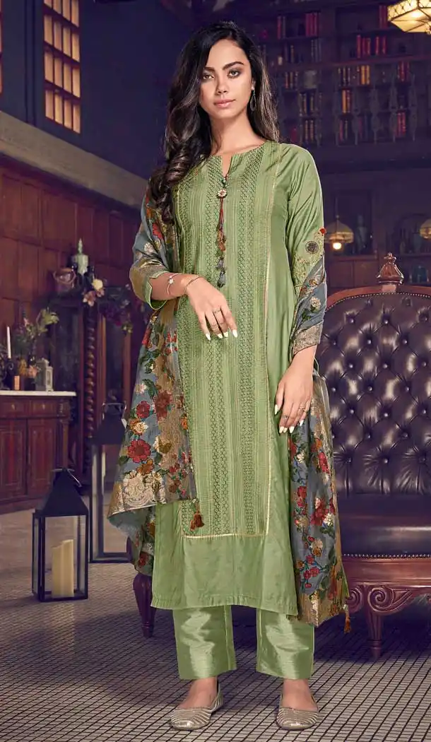 Green Color Tussah Silk Pakistani Style Designer Party Wear Salwar Suit -1545130931