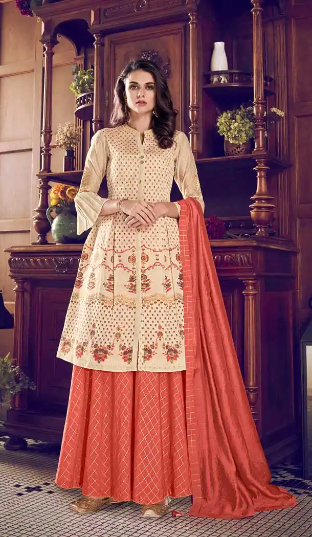 Cream Color Pure Art Silk Pakistani Style Designer Party Wear Salwar Suit -1545130933