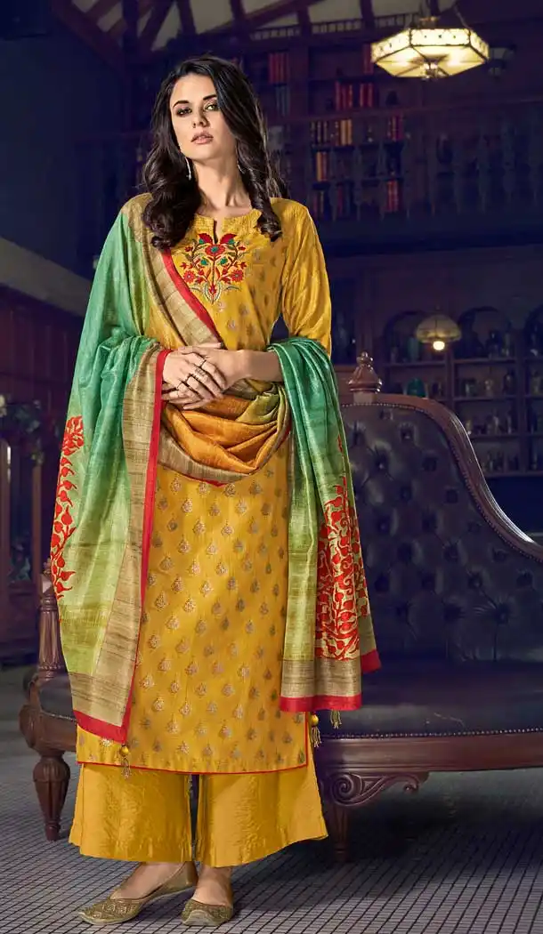 Mustard Yellow Color Tussah Silk Pakistani Style Designer Party Wear Salwar Suit -1545130934
