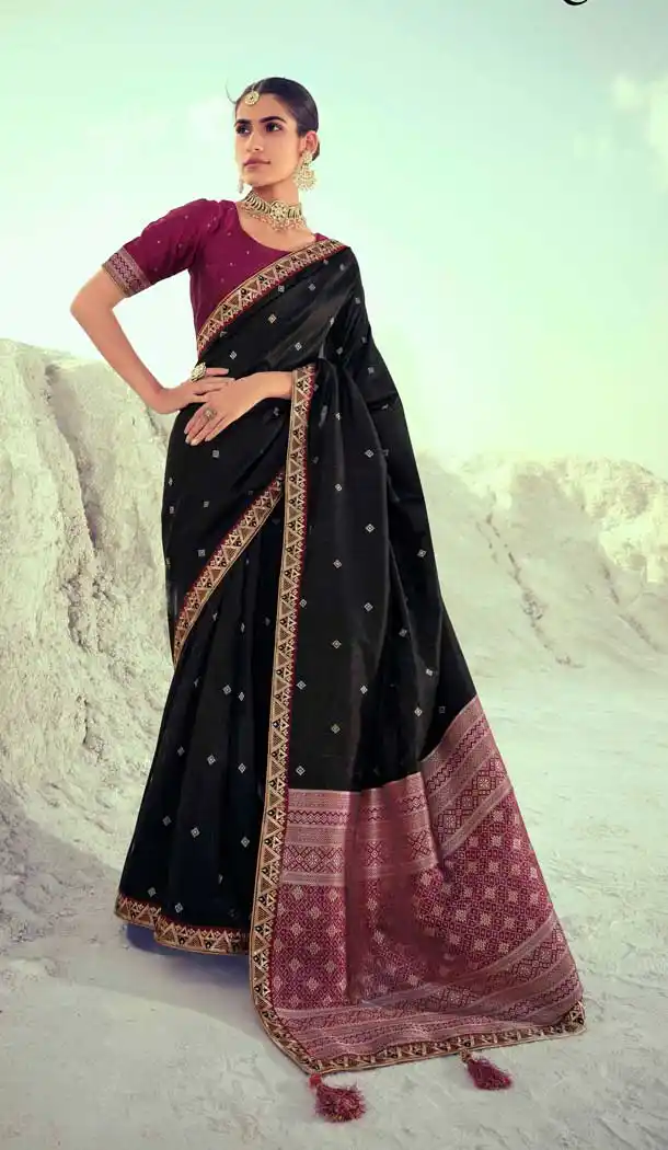 Majesty Black Color Premium Slub Silk Traditional Wear Saree Blouse -1580131255
