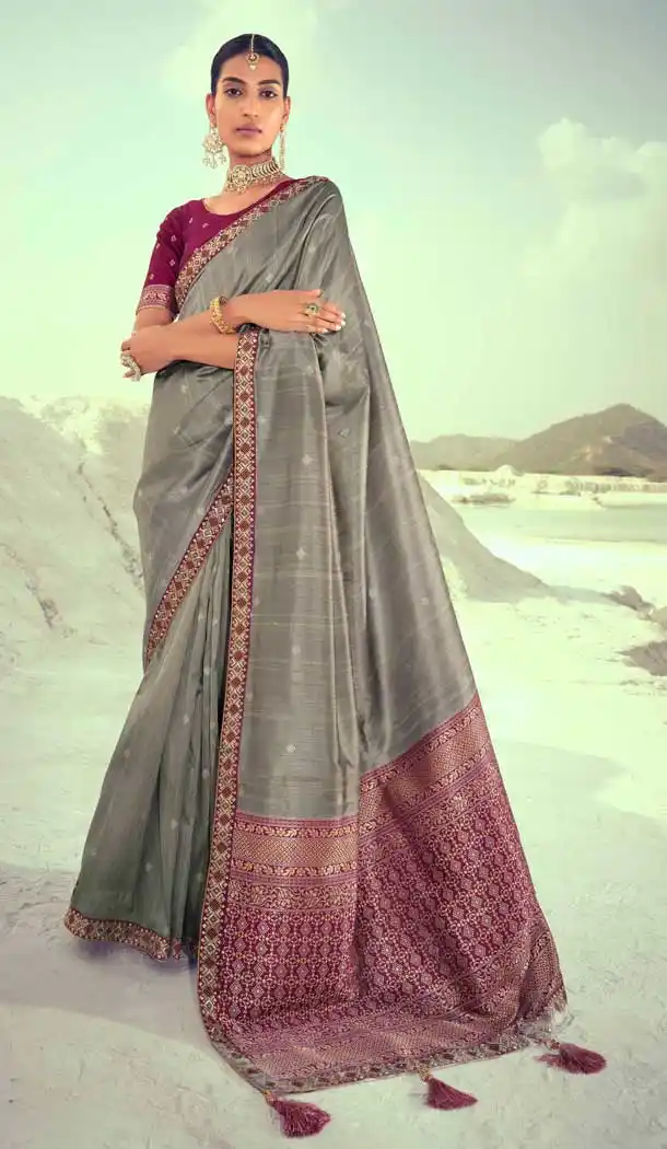 Chic Grey Color Premium Slub Silk Traditional Wear Saree Blouse -1580131256