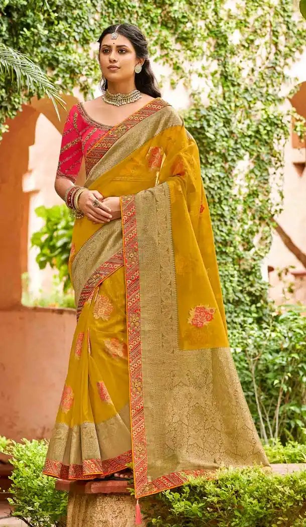 Charming Mustard Color Orgenza Jacquard Designer Traditional Wear Saree -1581131262