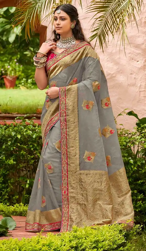 Ethnic Grey Color Orgenza Jacquard Designer Traditional Wear Saree -1581131263