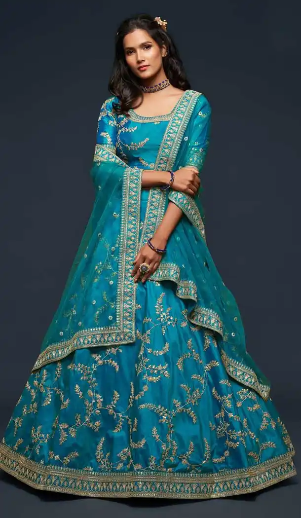 Exquisite Teal Blue Color Art Silk Designer Traditional Wear Lehenga Choli -1643131716