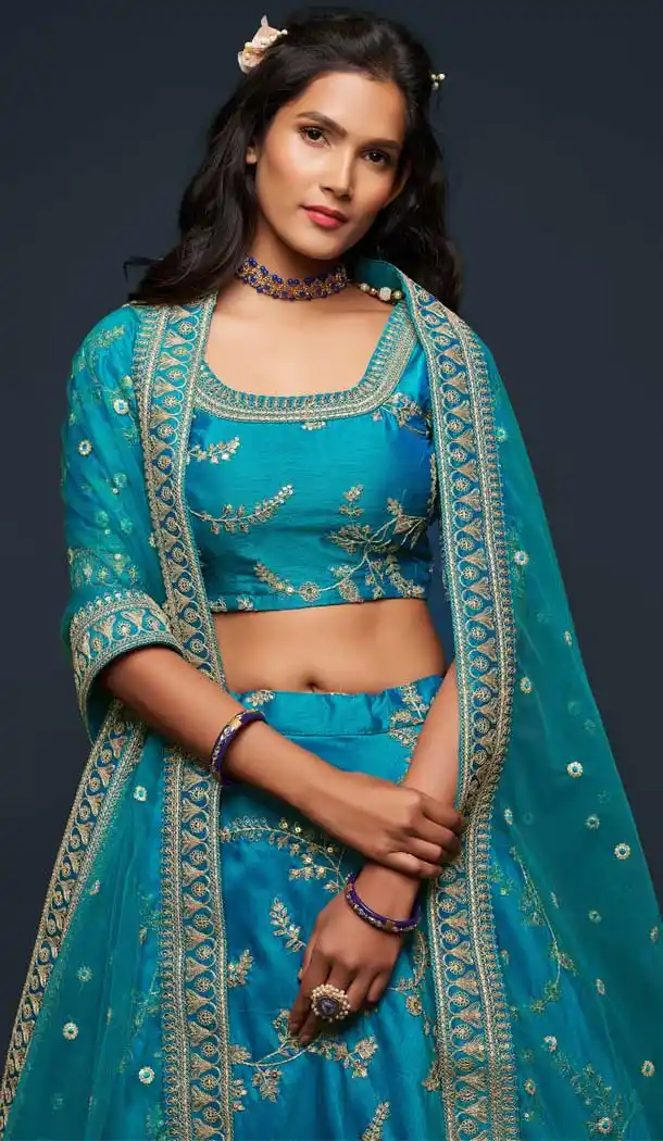 Exquisite Teal Blue Color Art Silk Designer Traditional Wear Lehenga Choli -1643131716