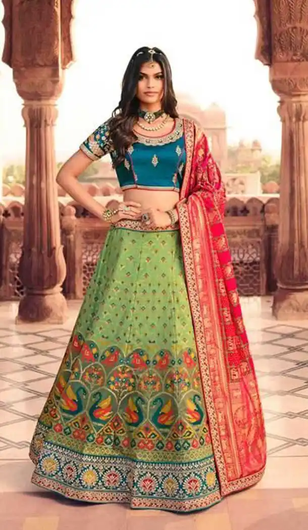 Fascinating Parrot Green Color Silk Designer Heavy Bridal Wear Lehenga Choli -1646131747