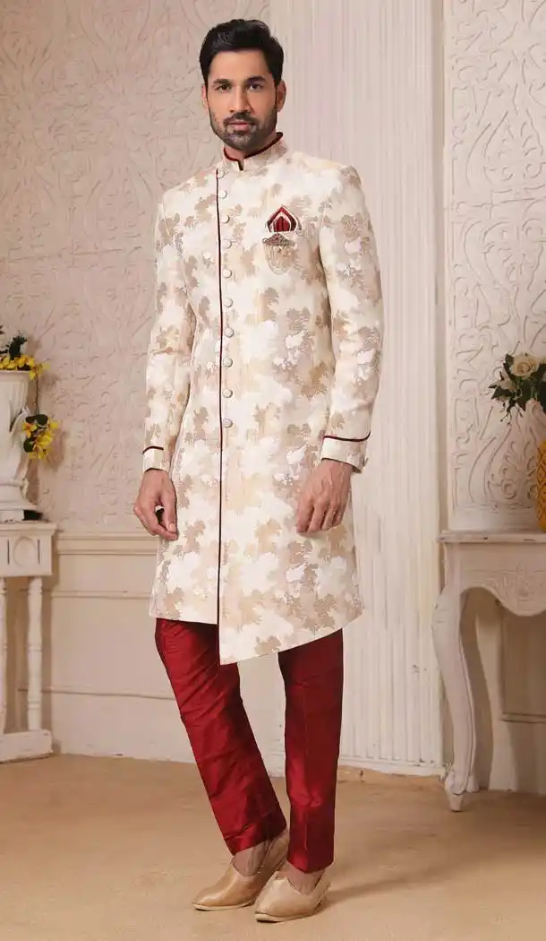 Multi Color Silk Brocade Men Nawabi Indo Western Plus Size Sherwani -1648131766
