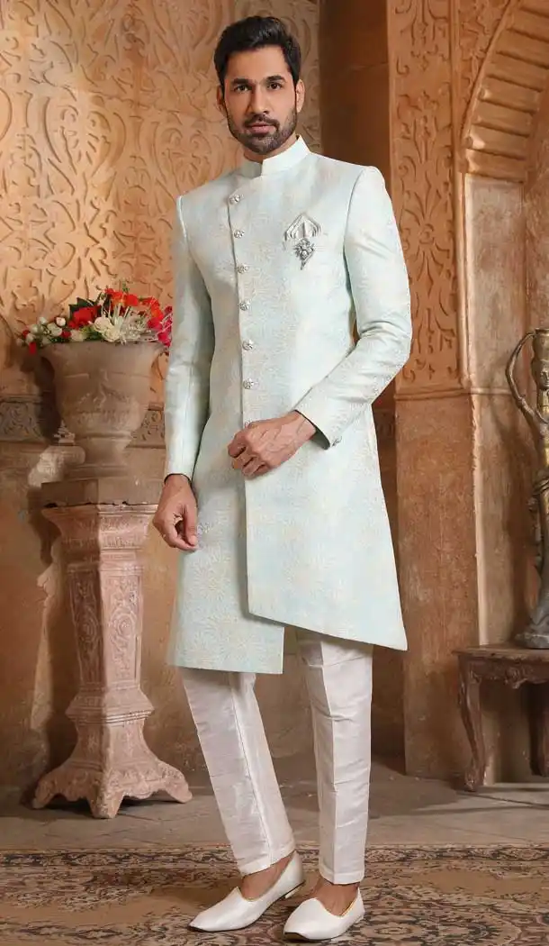 Aqua Color Silk Brocade Men Nawabi Indo Western Plus Size Sherwani -1648131769