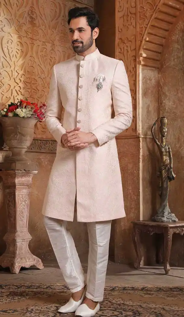 Peach Color Silk Brocade Men Nawabi Indo Western Plus Size Sherwani -1648131770