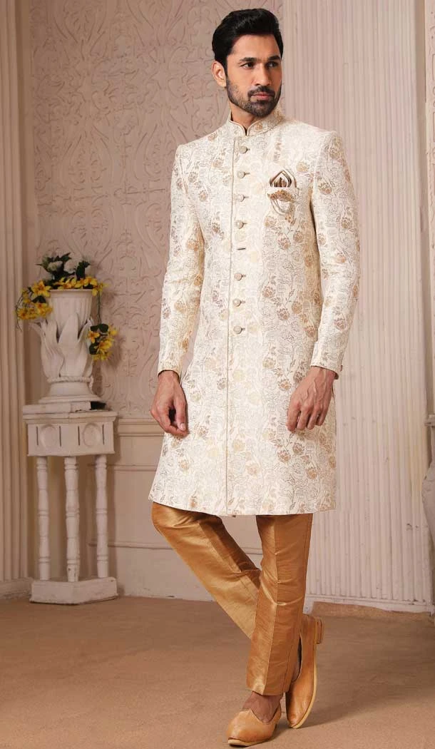 Off White Color Silk Brocade Men Nawabi Indo Western Plus Size Sherwani -1648131771
