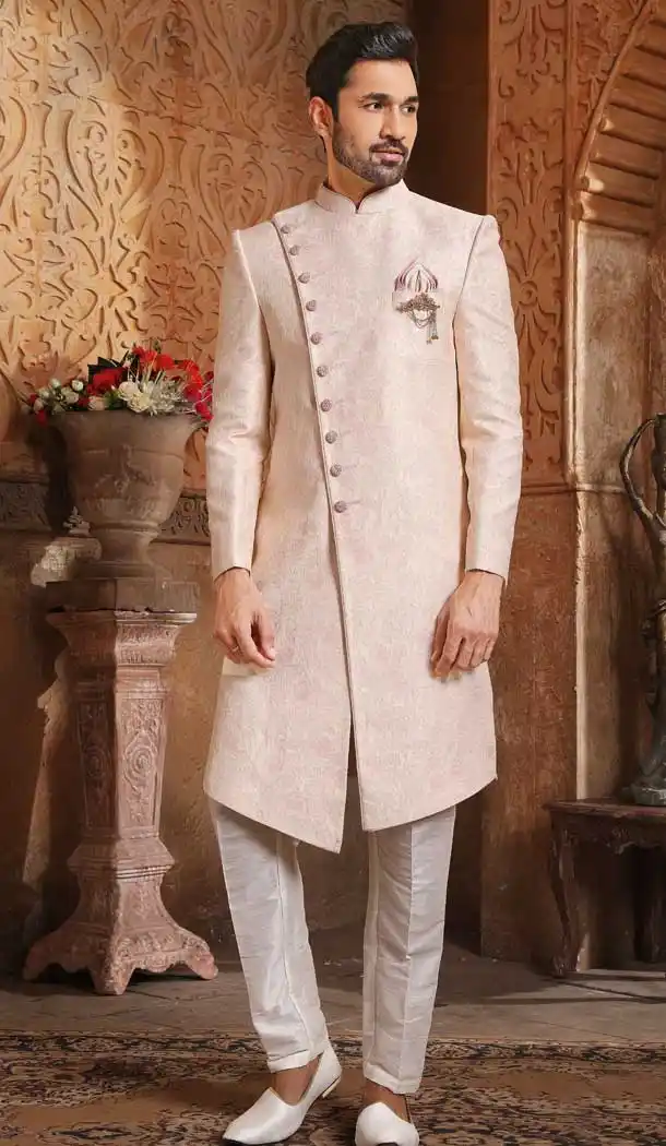 Exotic Multi Color Silk Brocade Men Nawabi Indo Western Plus Size Sherwani -1648131772