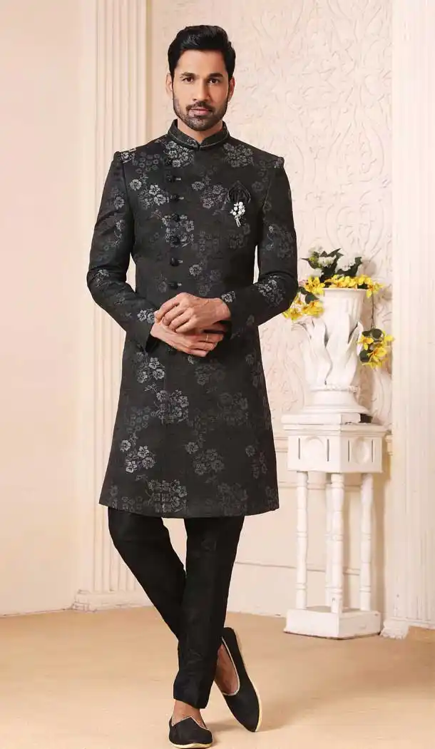 Attractive Black Color Silk Brocade Men Nawabi Indo Western Plus Size Sherwani -1648131774