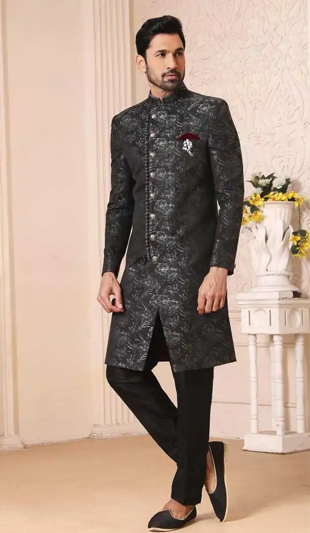 Exotic Black Color Silk Brocade Men Nawabi Indo Western Plus Size Sherwani -1648131775