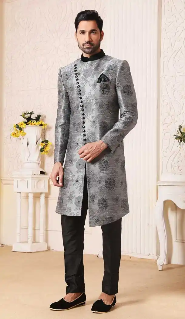 Grey Color Silk Brocade Men Nawabi Indo Western Plus Size Sherwani -1648131776