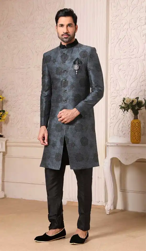Majesty Multi Color Silk Brocade Men Nawabi Indo Western Plus Size Sherwani -1648131777