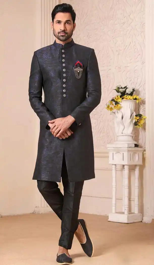 Aesthetic Multi Color Silk Brocade Men Nawabi Indo Western Plus Size Sherwani -1648131778