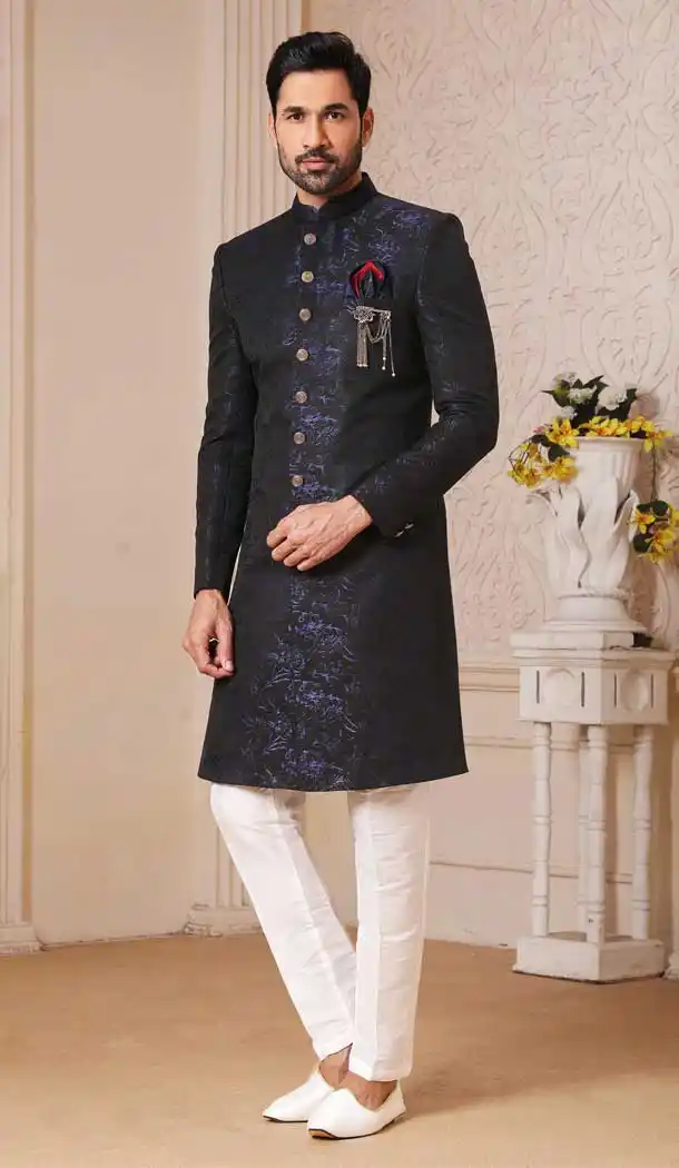 Fascinating Multi Color Silk Brocade Men Nawabi Indo Western Plus Size Sherwani -1648131779
