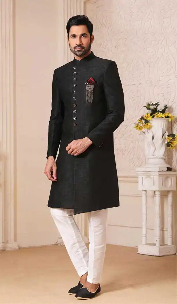Fascinating Black Color Silk Brocade Men Nawabi Indo Western Plus Size Sherwani -1648131781