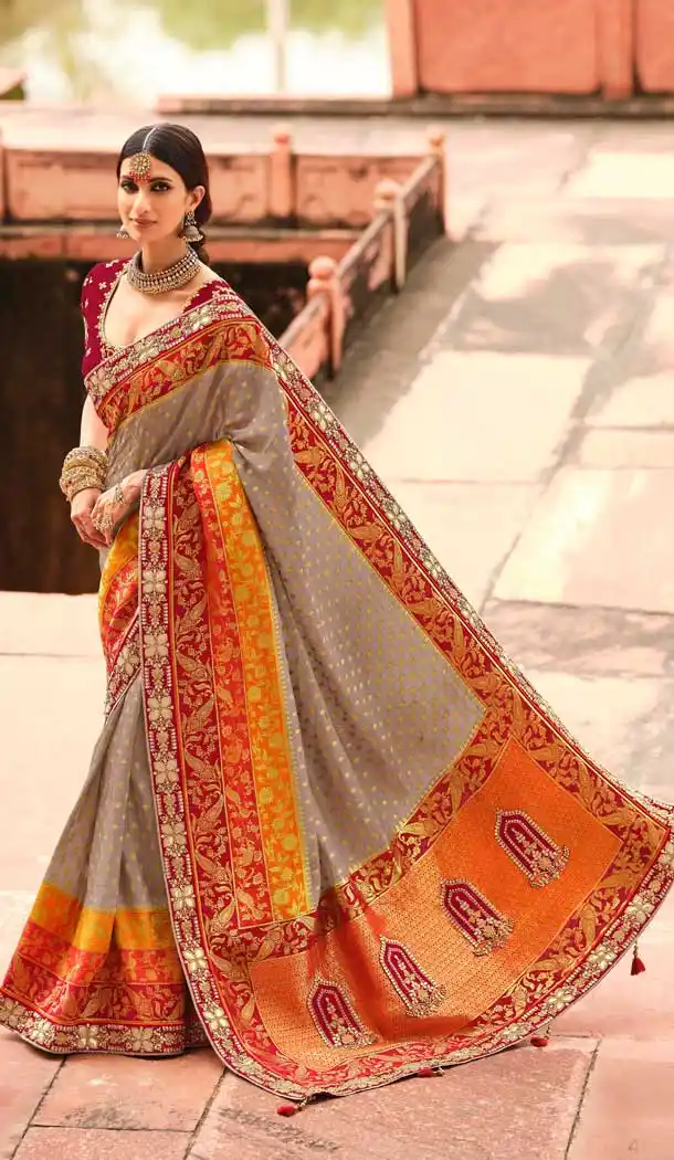 Grey Color Pure Dola Silk Designer Traditional Wear Saree Blouse -1682132047