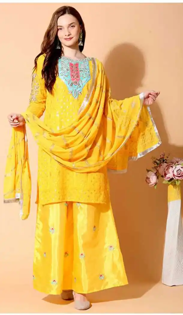 Yellow Color Foux Georgette Pakistani Style Party wear Salwar Suit -1704132325