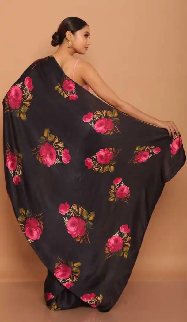 Black Color Pure Japan Satin Printed Casual Wear Fancy Saree -1735132603