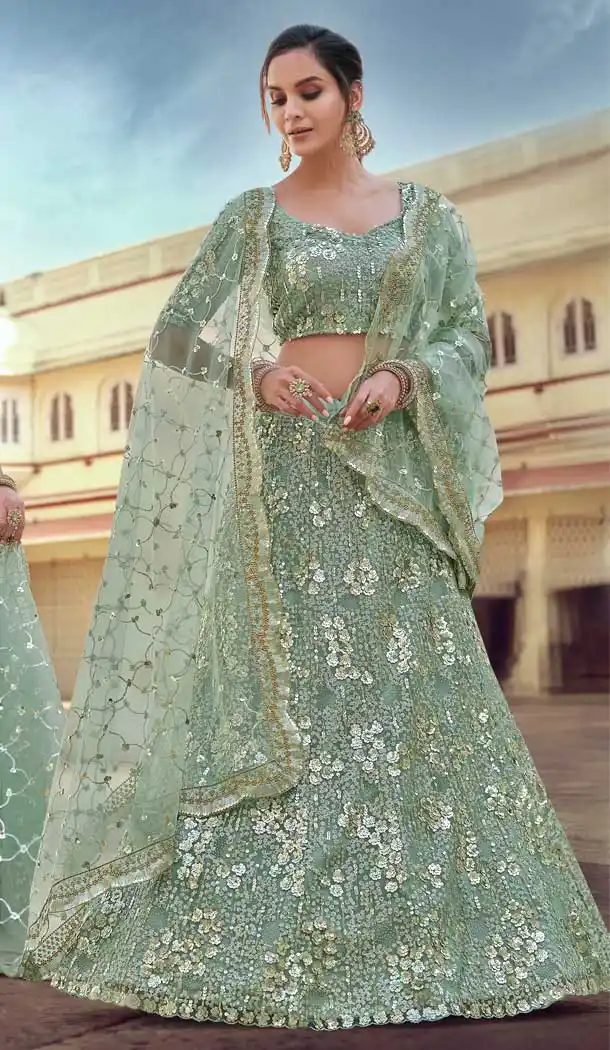 Light Green Color Soft Net Designer Sangeet Wear Lehenga Choli -1749132776