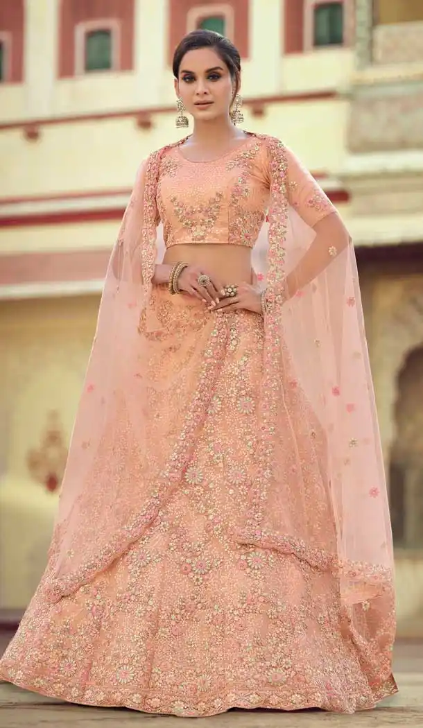 Light Orange Color Soft Net Designer Sangeet Wear Lehenga Choli -1749132782
