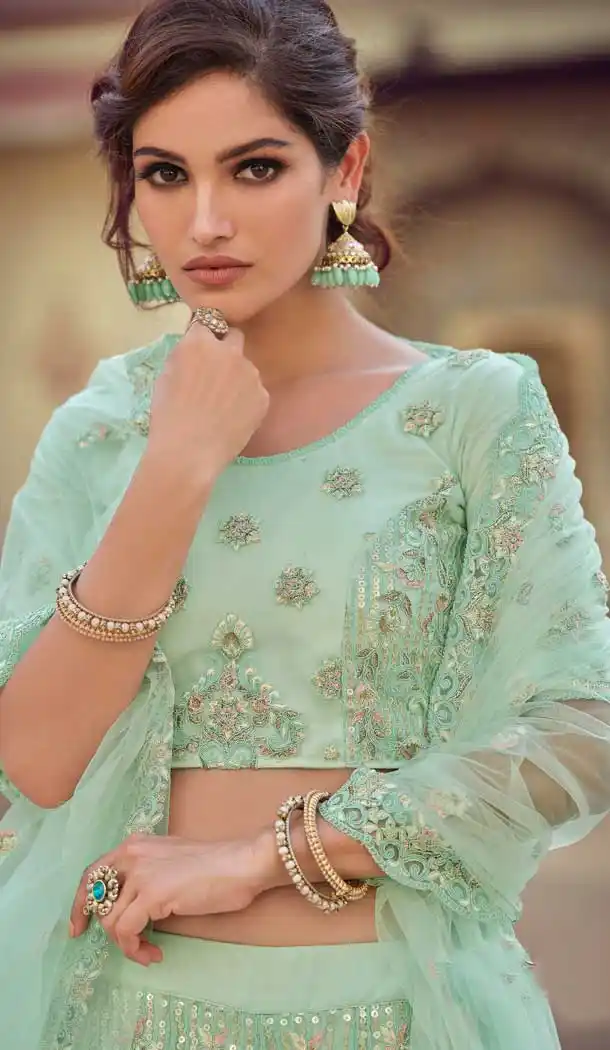 Mint Green Color Soft Net Designer Sangeet Wear Lehenga Choli -1749132783