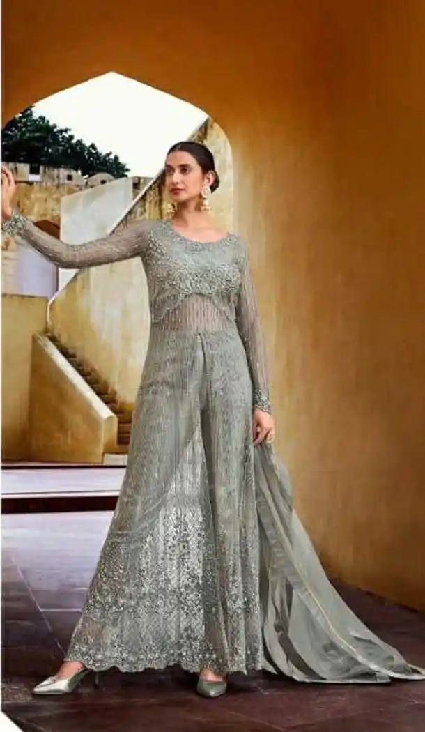 Grey Color Soft Net Designer Party Wear Indo Western Suit -1750132784