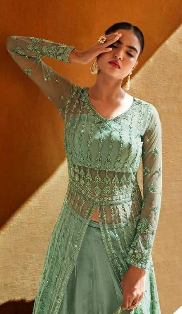 Sea Green Color Soft Net Designer Party Wear Indo Western Suit -1750132786