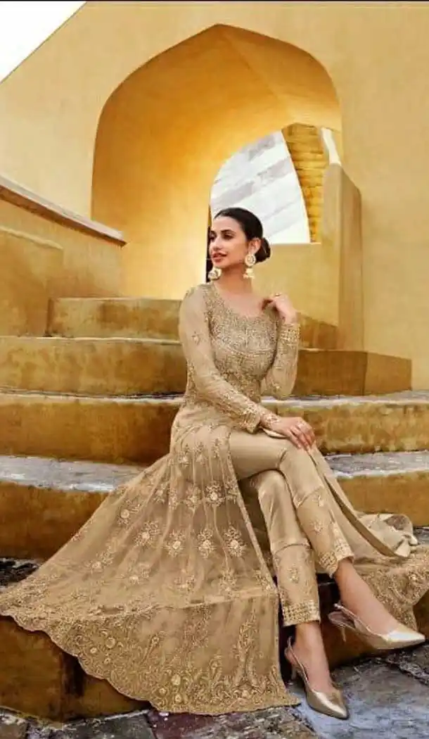 Attractive Beige Color Soft Net Designer Party Wear Indo Western Suit -1750132787