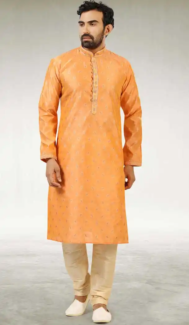 Dark Peach Color Jacquard Silk Brocade Readymade Men's Kurta Pajama -1762132899