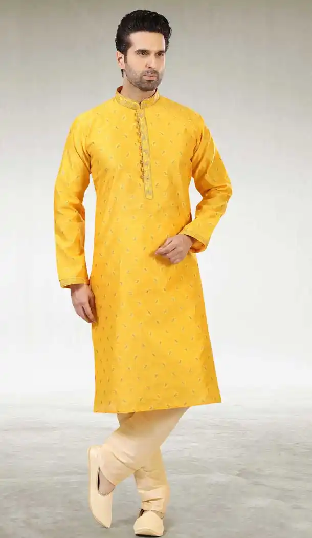Yellow Color Jacquard Silk Brocade Readymade Men's Kurta Pajama -1762132900