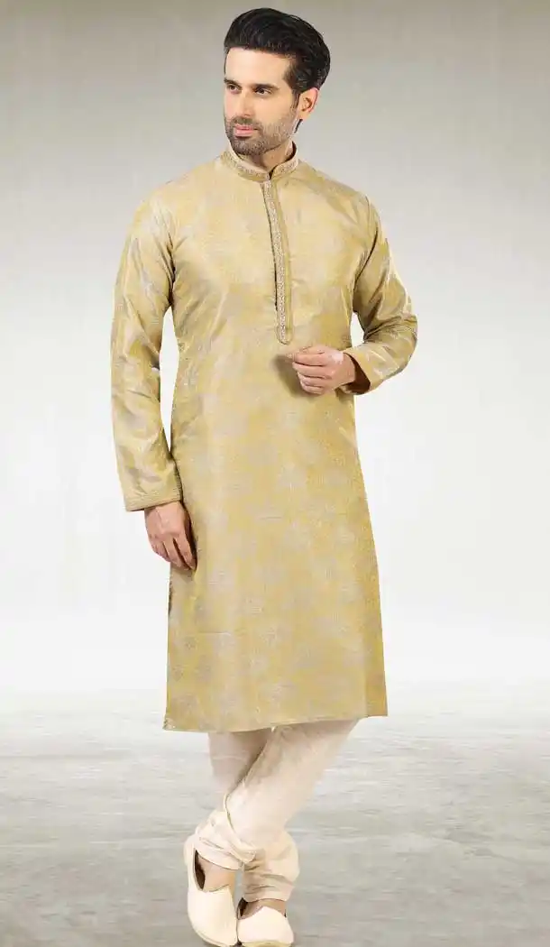 Pista Green Color Jacquard Silk Brocade Readymade Men's Kurta Pajama -1762132901